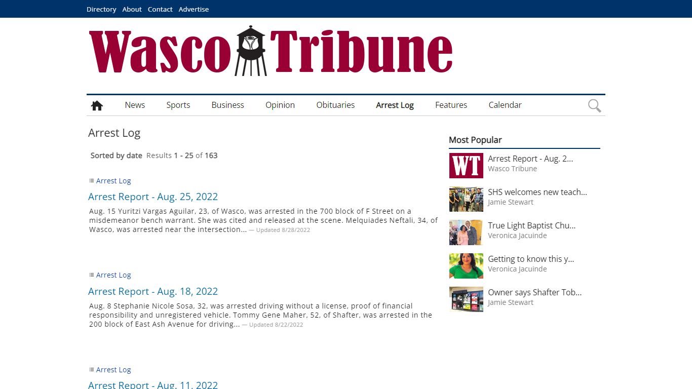 Wasco Tribune Arrest Log